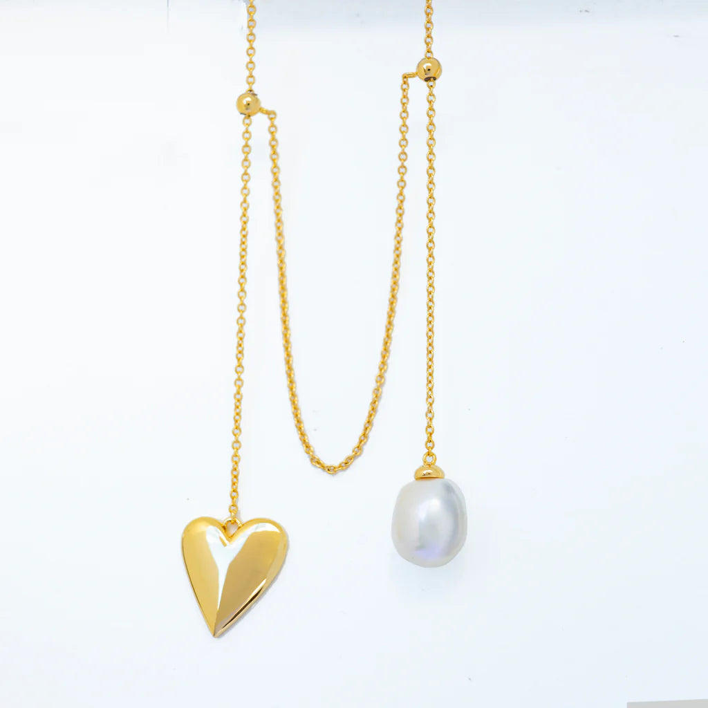 Pearl and Heart Adjustable Lariat Necklace