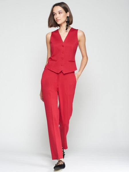 Red Structured Straight-Leg Trousers